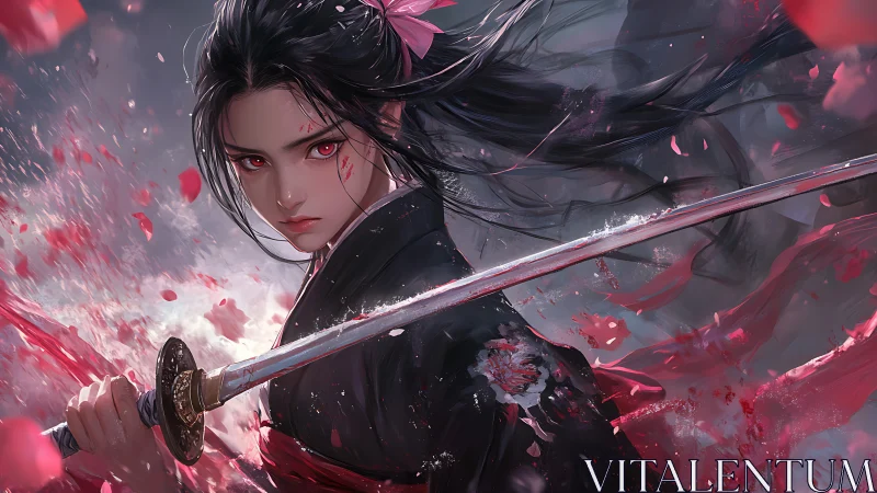 Focused swordswoman with katana amid red petals.