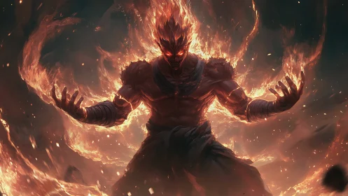 Flaming warrior summons inferno with dynamic central lighting