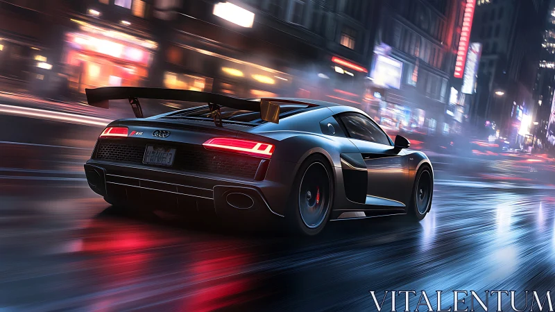 Audi R8 sports coupe racing on wet neon city street at night