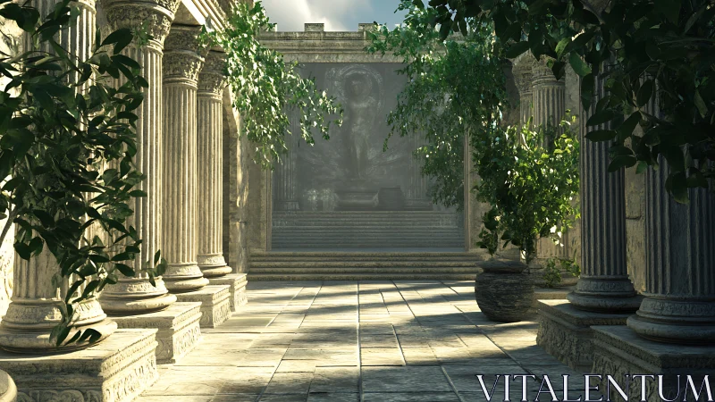 Sunlit neoclassical colonnade with vegetated stone arcade.