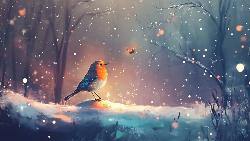 Gentle robin resting in a glowing, snow-dusted winter forest.