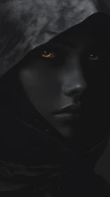 Shrouded nocturnal portrait with luminous golden eyes.