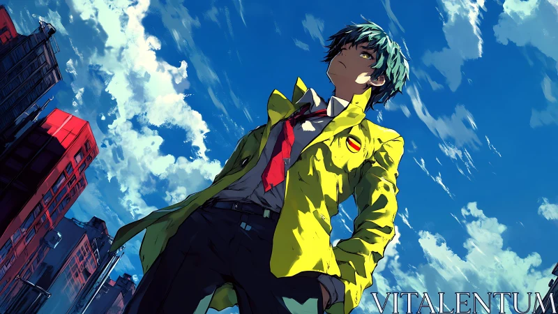 Low-angle anime protagonist under hyper-saturated urban sky.