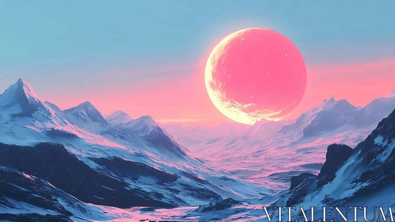 Neon crimson moon rises over icy pastel alien mountains.