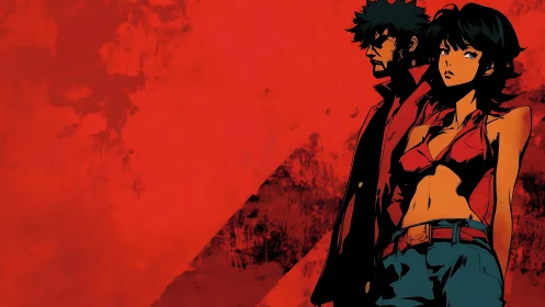 Crimson alley outlaws stand simmering in noir neon heat.