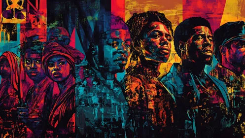 Group portrait in saturated red, blue and yellow palette.