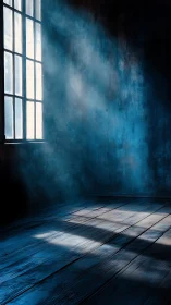 Moody blue room where window light cuts through misty dust.