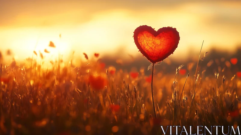 Red Heart-Shaped Object in Golden Field at Sunset