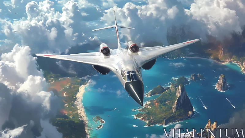 Futuristic silver jet glides above turquoise island labyrinth.