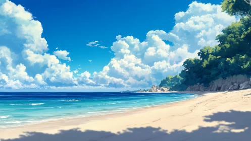 Sunlit tropical shoreline under towering summer clouds.