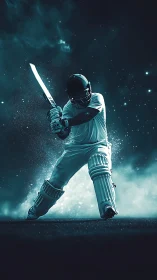 Cricket batsman mid-swing in teal cosmic backlit dust field.