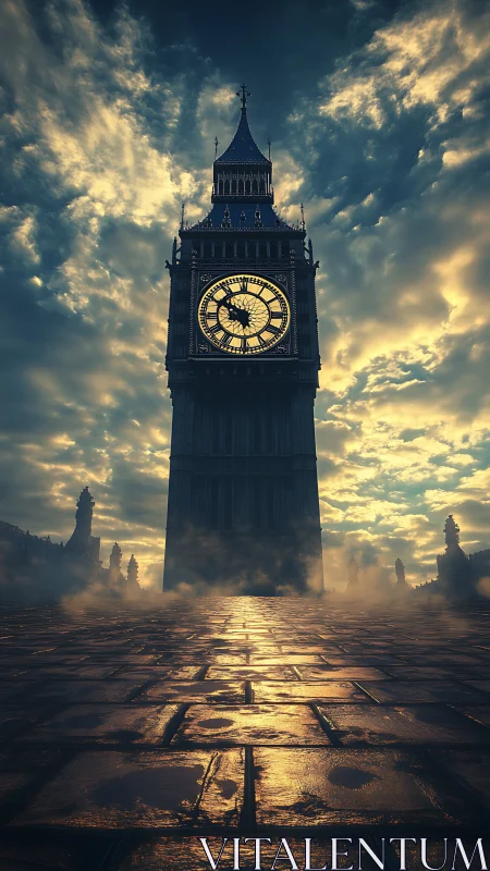 Moody clocktower rising above mist and glowing cobbles.