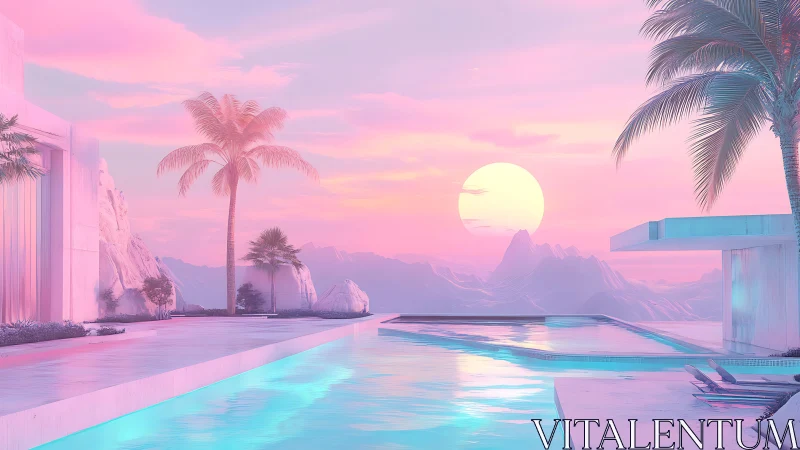 Pastel oasis poolside under a bubblegum cotton-candy sun.