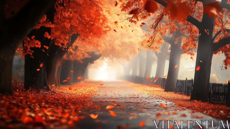 Tree-lined path shows dense orange autumn foliage in mist