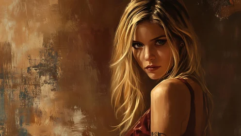 Blonde woman faces viewer against textured brown backdrop