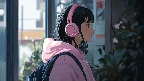 Girl with headphones at window in soft urban lighting.