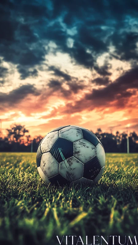 Weathered soccer ball catches last sunset light on field.