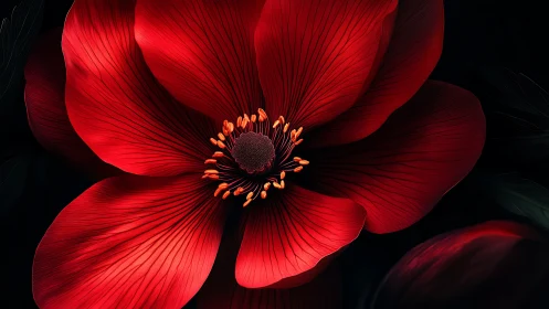 Red bloom with orange stamens against black background.