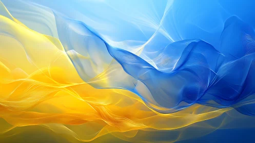 Flowing blue and yellow waves drift together in soft light