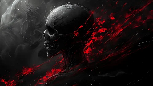 Digital skull profile with red particle dispersion effect.