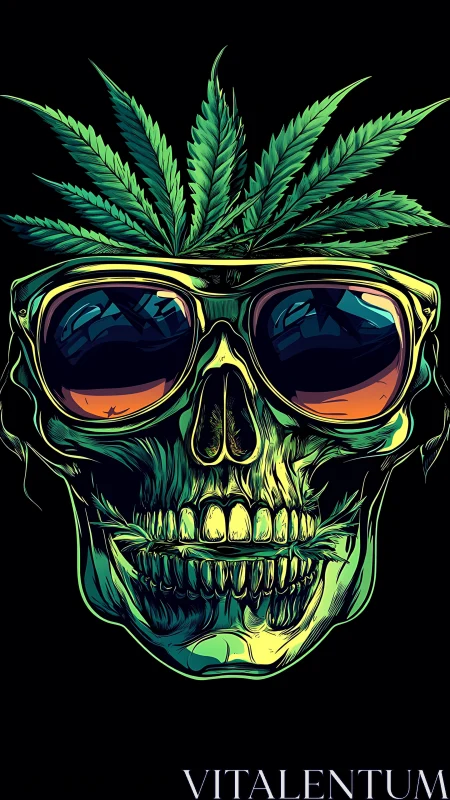 Glowing skull with cannabis leaves and mirrored sunglasses