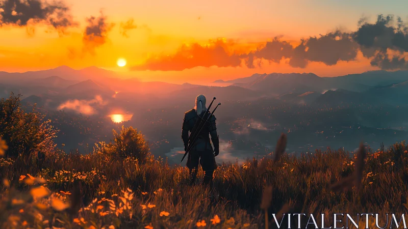 Digital painting sunset vista with lone armored wanderer figure.