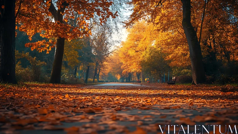 Tree lined park path covered with autumn foliage at dusk.