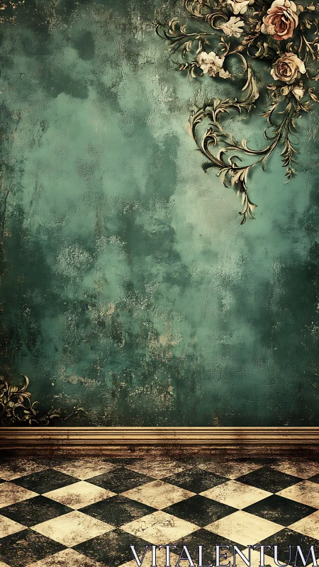 Aged teal wall with floral relief and worn checkered floor.