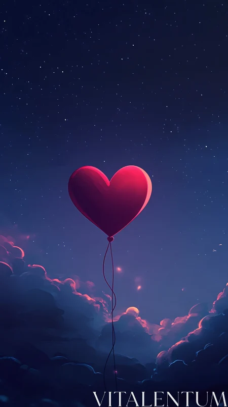 Luminous Heart Balloon Against Nocturnal Cloudscape.