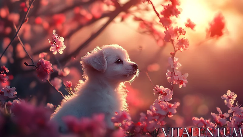 White puppy sits among pink blossoms at sunset light