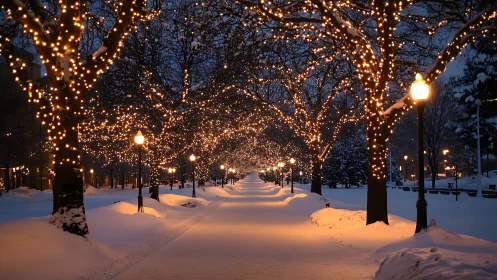 Snow covered walkway lined with trees wrapped in lights.