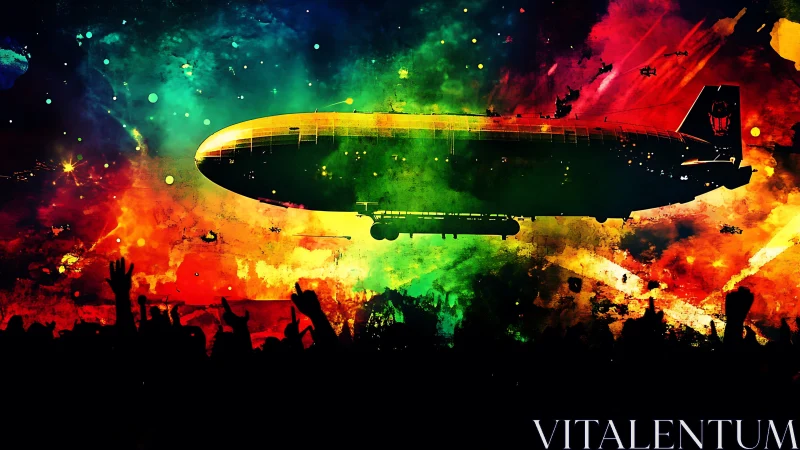 Digital painting zeppelin over neon crowd silhouette tableau.