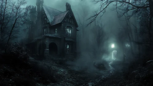 Gothic mansion in nocturnal fog, cinematic horror composition.