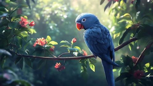Vibrant Blue Parrot on Flowering Branch in Sunlit Digital Art.