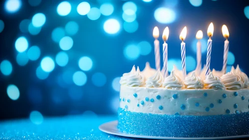 Birthday Cake with Six Lit Candles on Blue Bokeh Background
