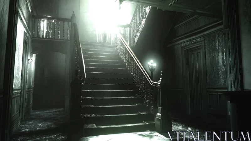 Haunted mansion staircase under harsh spectral backlight.