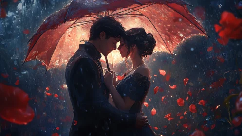 Romantic Couple Beneath Luminous Red Umbrella in Rain.