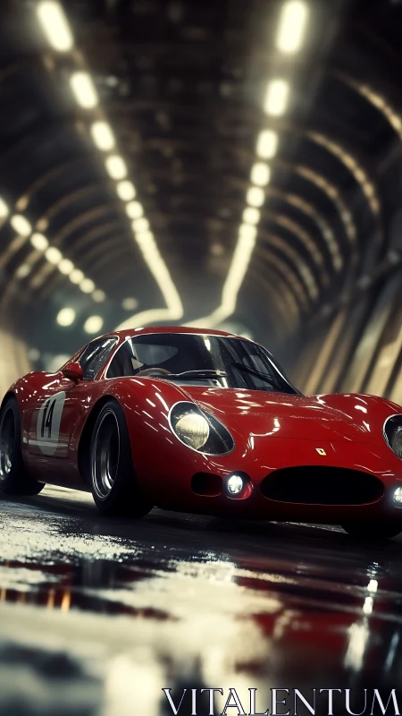 Red classic racer gliding through a glowing night tunnel.