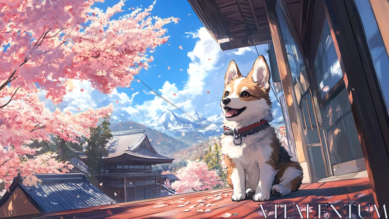 Corgi on wooden porch in springtime cherry blossom village.