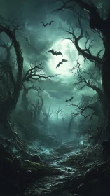 Moon-torn forest path where feral shadows learn to fly.