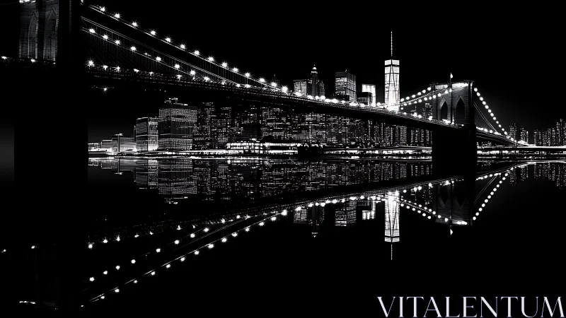 Night bridge and city skyline form mirrored linear composition