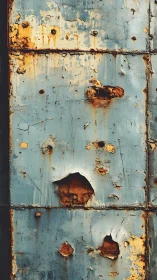 Corroded blue metal panels with rust holes and surface wear.