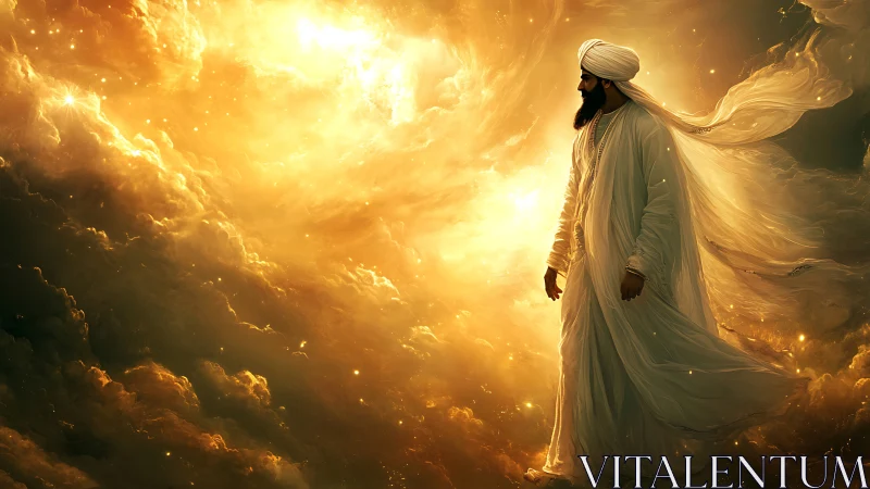 Radiant robed wanderer drifting through molten starlight.