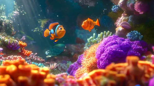 Playful clownfish friends exploring a glowing coral reef.