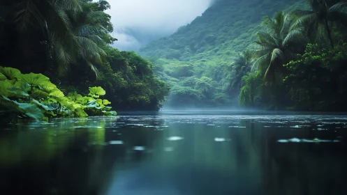 Misty tropical river winding through dense green rainforest.