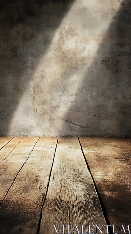 Sunlit wooden floor against worn textured concrete wall.