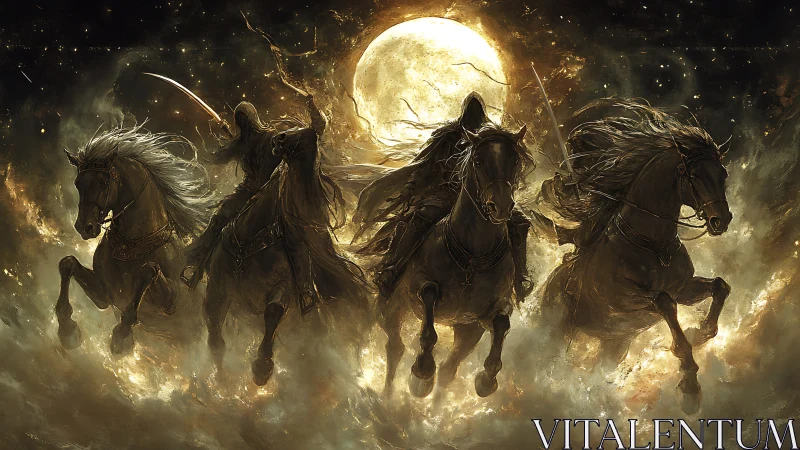 Four hooded riders charge on dark horses under full moon.