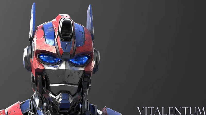 Battleworn red blue combat robot with glowing blue eyes.