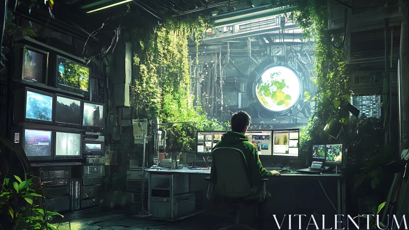 Curious watcher in a lush high tech jungle workspace.