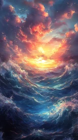 Turbulent ocean waves under dense sunset cloud cover.